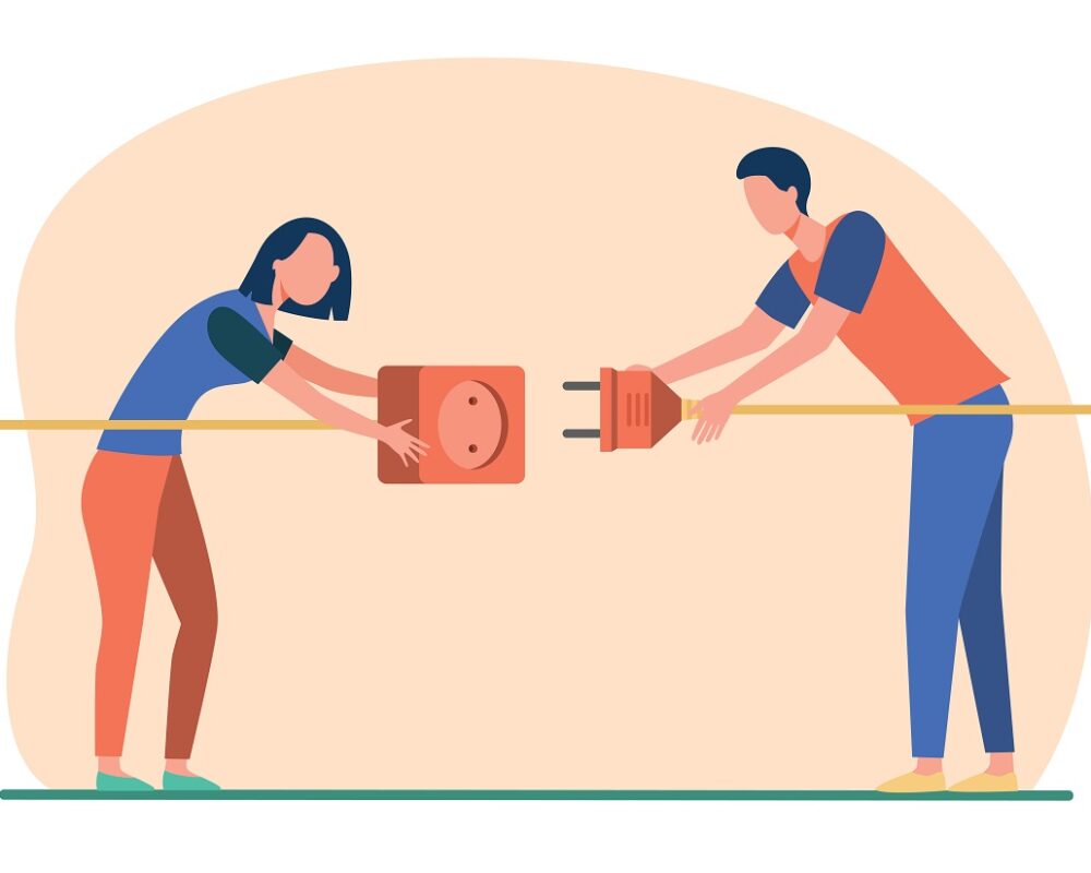 Two people connecting plug and socket Two people connecting plug and socket. Man and woman pulling cords with outlet and plug flat vector illustration. Wire connection, electricity concept for banner, website design or landing web page